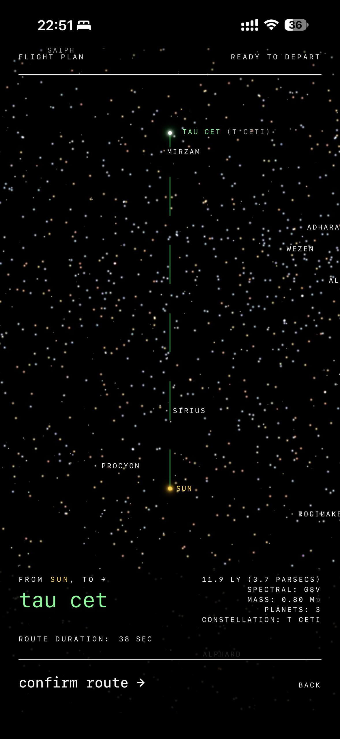 starfocus app screenshot showing the flight plan from sun to tau ceti with the route line drawn through familiar nearby stars including sirius and procyon. bottom panel reads 11.9 ly, spectral g8v, mass 0.80 solar, planets 3, route duration 38 sec