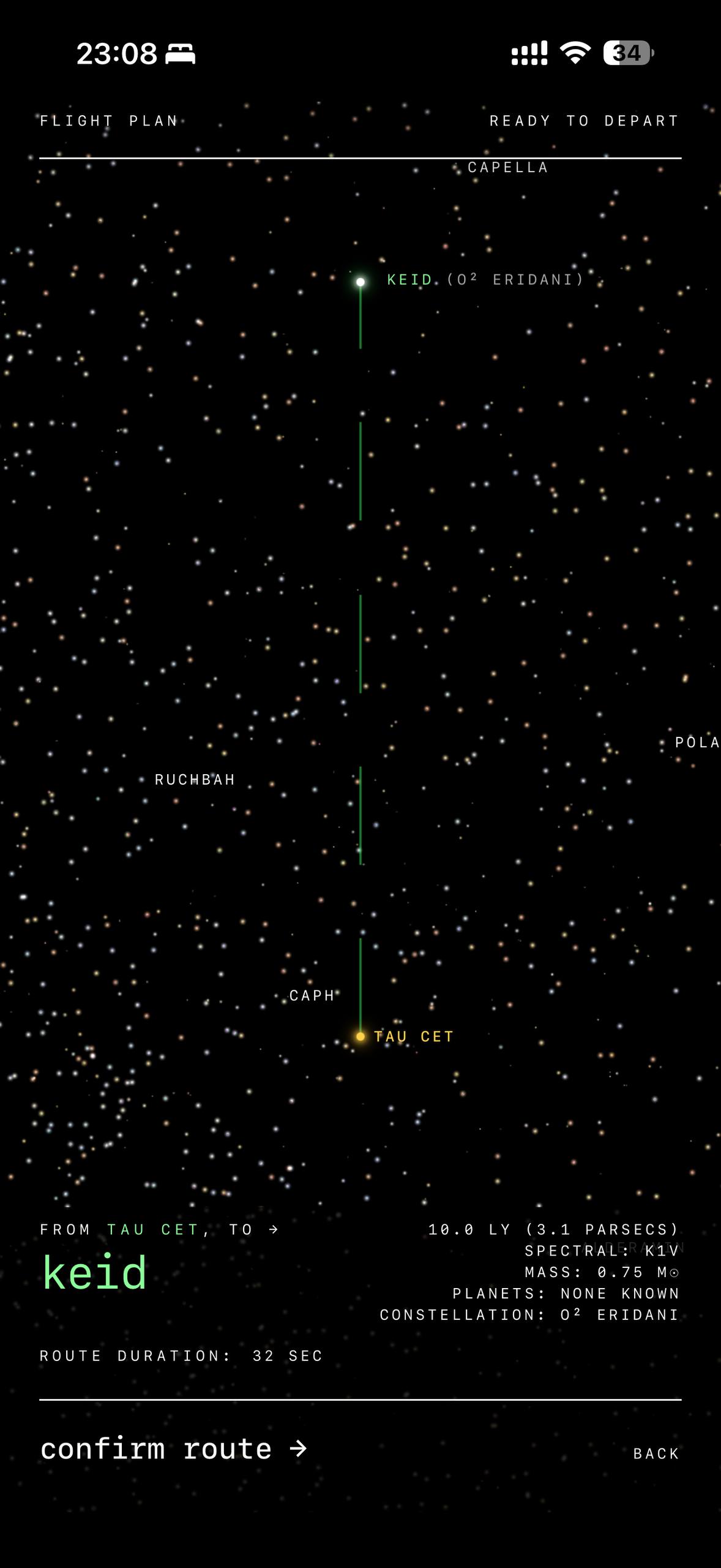 starfocus screenshot showing the flight plan from tau ceti to keid. the green route line crosses 10 light-years past ruchbah and caph. bottom panel reads 10.0 ly, spectral k1v, mass 0.75 solar, planets none known, constellation o-squared eridani, route duration 32 sec